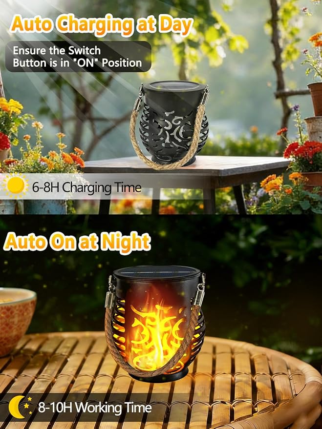 1 Pack Solar Lights Outdoor Waterproof Hanging Solar Lanterns Flame Lights | Flickering Flame, IP65 Waterproof, Auto On/Off Solar Powered, Hemp Rope Handle, Outside Garden Porch Indoor Tabletop Decor