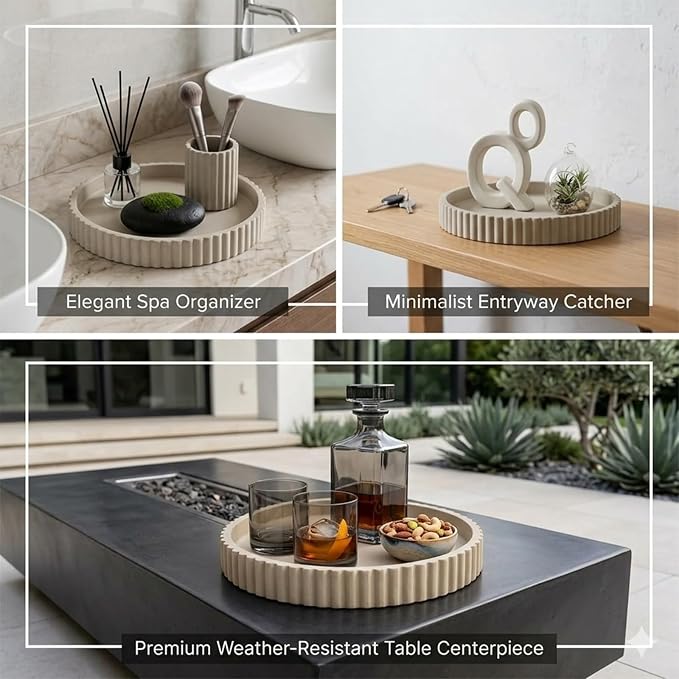 11" Round Concrete Decorative Centerpiece Tray for Coffee Table Grey | Modern minimalist centerpiece tray for coffee table, living room, dining & office storage display, sturdy tabletop home decor