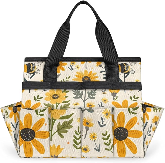 Bee Flower Garden Tool Bag for Women Waterproof & Reusable Heavy Duty Gardening Tote Storage Organizer Toiletry Bag with 10 Pockets for Garden Lawn Yard Casual Camp