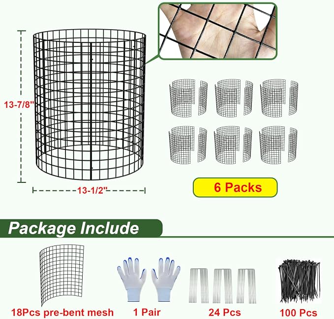 6 Pack Plant Protector from Animals, 13.5" Dia x 14" H Wire Plant Protectors, 18pcs Pre-Bent Metal Mesh to Keep Animals Out with Zip Ties & Stakes (6 Packs)