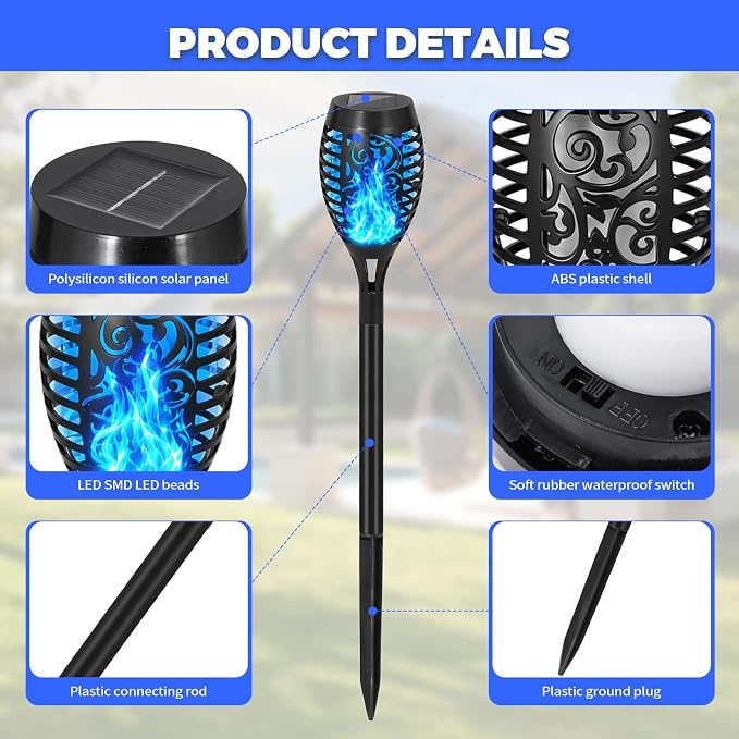 Solar Torch Flame Lights, Flickering Flame LED – Waterproof Solar Garden Lights for Patio, Yard, Pathway, Landscape & Backyard Décor (Blue-8 Pack)