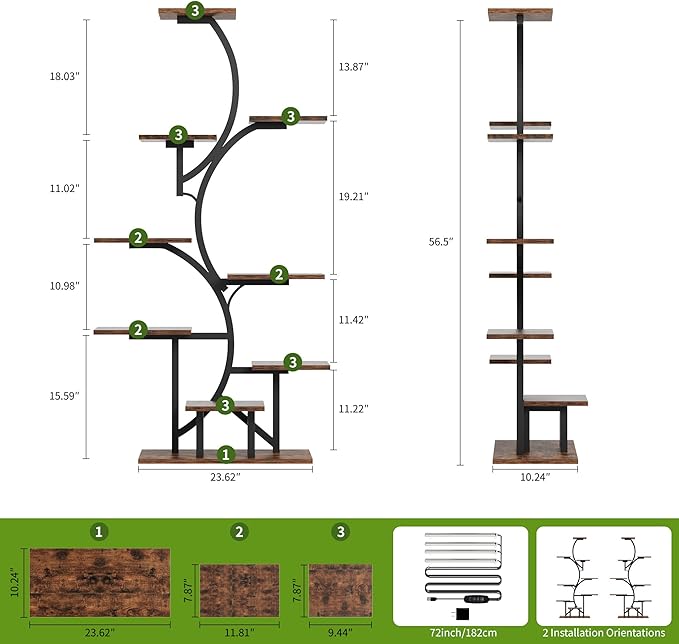 Plant Stand Indoor with Grow Light: Lighted Plant Stands 56.5" Tall, 9 Tiered Large Plant Shelf for Indoor Growing, S-Shaped Flower Holder Display for Multiple Plants, Living Room, Patio (Black)