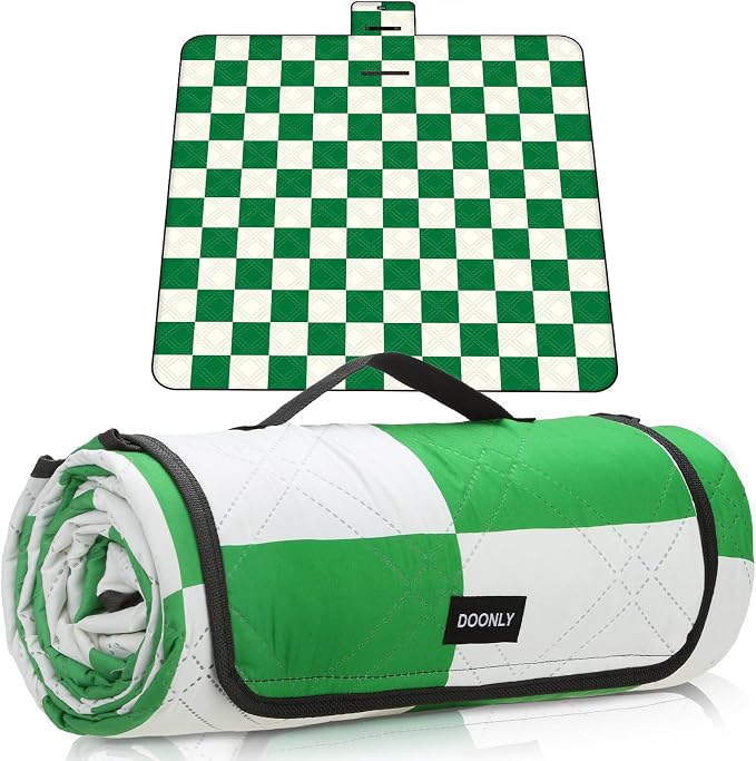 Doonly Picnic Blanket, Large Waterproof Sandproof Beach Blanket, Foldable Outdoor Blanket Gingham Picnic Mat for Beach, Camping, Park, Grass, Lawn, Travel (Green)