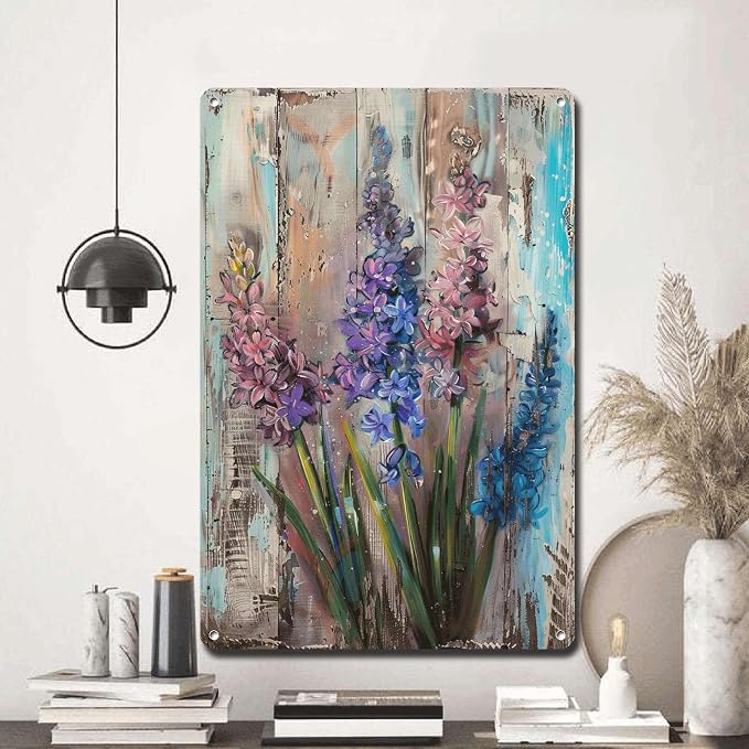 Metal Sign Tin Sign Vintage Wall Art Vintage Hyacinths Tin Sign for Rustic Wall Art Shabby Chic Style and Corrosion Resistant Aluminum Bar Sign for Bar 12×16 Inches