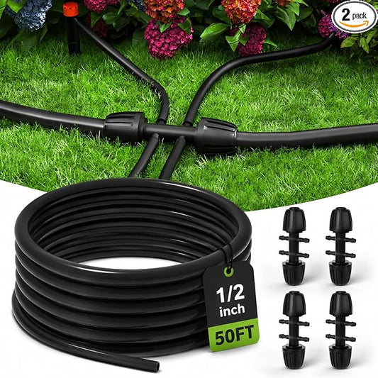 Bonviee 50FT 1/2" Drip Irrigation Tubing with 4-Pack 6-Way Connectors, Flexible Blank Distribution Hose Main Line for Garden Watering System, Raised Beds, Flower & Vegetable Gardens