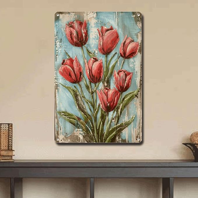 Metal Sign Tin Sign Vintage Wall Art Vintage Shabby Chic Tulip Tin Sign for Rustic Wall Art Elegant Blooms and Weathered Texture Displ Garden Metal Sign for Restaurant 6×8 Inches