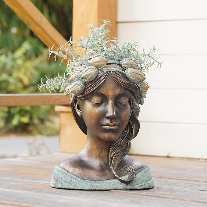 DiliComing Head Planter Face Plant Pots - 10 Inch Flower Pot Succulents Large Outdoor Planters Indoor with Drainage Resin Lady Bronze Statue for Garden Home Decor Porch Gift for Plant Lovers