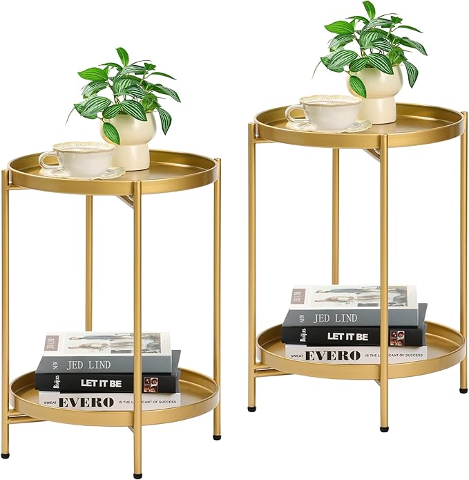 2-Tier Round End Side Table, Set of 2, Small Metal Side Table with Removable Tray, Folding Accent Tables for Living Room, Balcony, Nightstand for Bedroom, Outdoor Tables for Patio, Gold