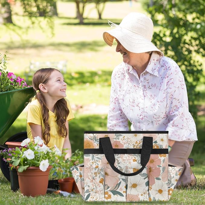 Garden Tote Bag with 10 Pockets Vintage Flowers Heavy Duty Gardening Bags for Tools Organizer Storage Bag with Handle for Garden Lawn Yard Casual