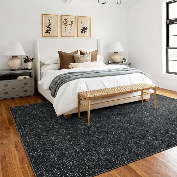 Garvee Washable Rugs 8x10 Solid Color Area Rugs for Living Room, Black | Modern Textured Non Slip Backing Low Pile Non Shedding Stain Resistant Neutral Rug for Dining Room Nursery Bedroom