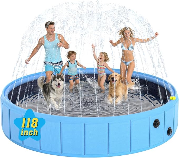 Foldable Dog Pool with Sprinkler, 118" Extra Large Non-Slip Dog Swimming Pool, 2-in-1 Outdoor Backyard Pet Bathing Tub with Drain Plug for Dogs Kids Pets Ducks
