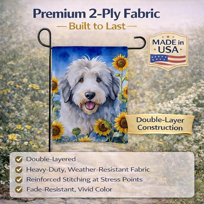 Caroline's Treasures DAC6129GF Old English Sheepdog in Sunflowers Garden Flag Mailbox Flag Decorative Yard Flag Banner Outside Patio Artwork Yard Flower Beds, Garden Size, Multicolor