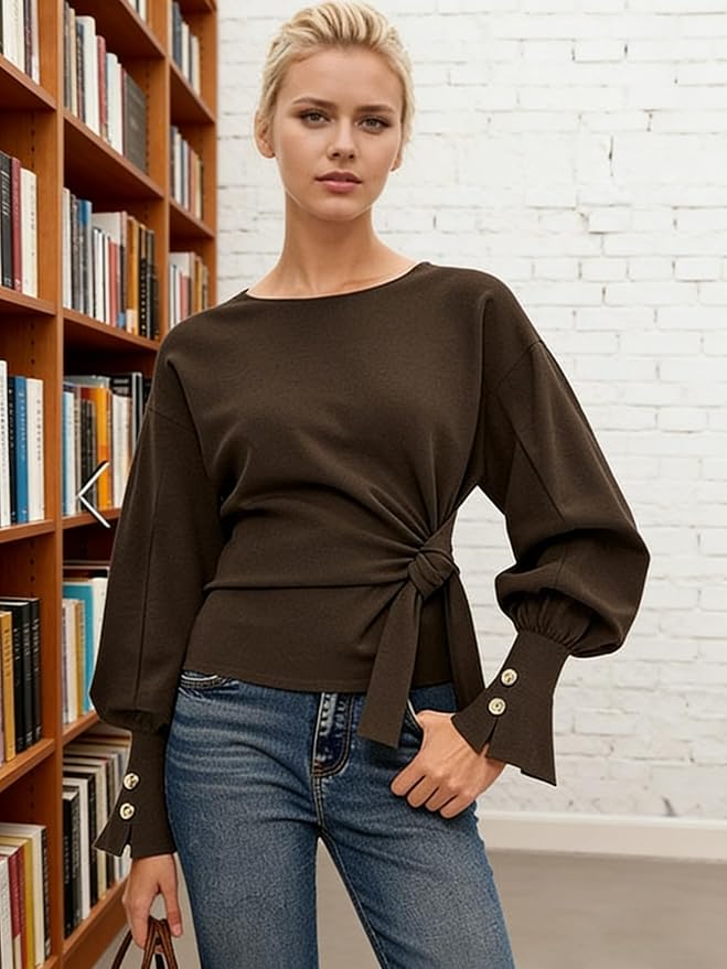Dsewpaur Twist Knot Tie Front Sweatshirt Tops For Women Long Balloon Sleeve Crew Neck Pullover Casual Fall Outfits