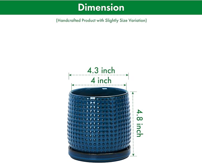 D'vine Dev 4 Inch Ceramic Beaded Stoneware Planter Pot - Flower Pot with Drainage Holes and Saucers for Indoor Succulent Plants or Flowers, Midnight Blue, 27-C-Z-3