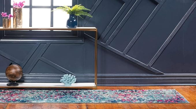 Unique Loom Jardin Collection Colorful, Vibrant, Abstract, Modern Area Rug (2' 7 x 10' 0 Runner, Blue/ Pink)