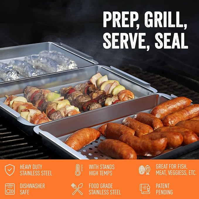 Yukon Glory™ BBQ 'N SERVE Premium Set, Includes 3 Grill Baskets, Serving Tray, Bamboo Cutting Board, Plastic Lid and Clip-on Handle | 7-piece complete set | RUST-PROOF & WARP-PROOF | Bamboo board | Serving station | Clip-on handle | Dishwasher safe