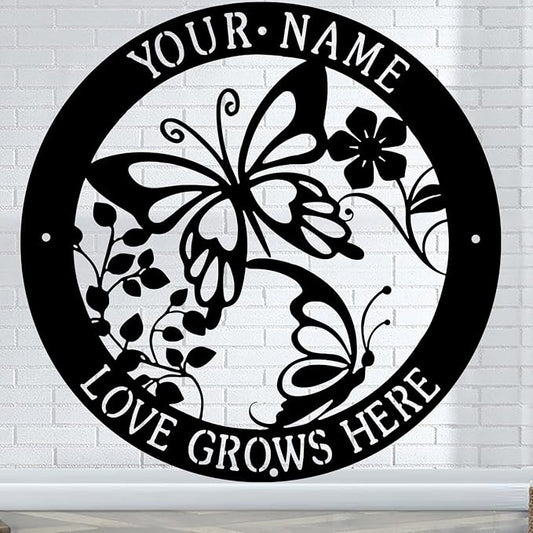 CFC0121313 Butterfly Garden Signs Metal, Butterfly Signs to Personalize, Outdoor Decor, Custom Name Text Garden Plaques Decorations for Potting Shed Mom Grandma