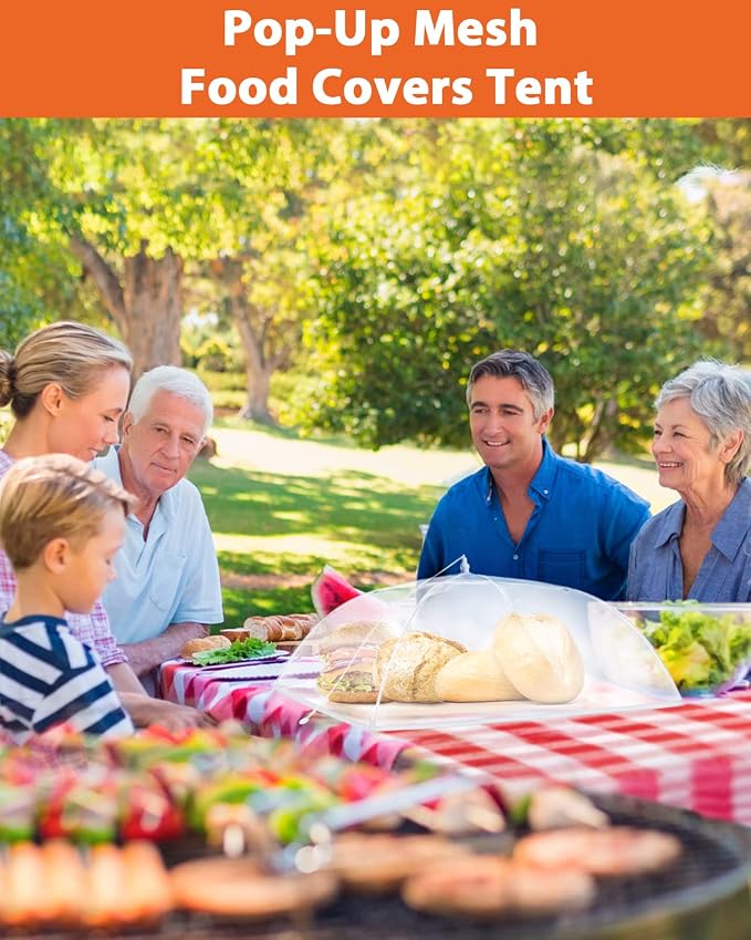 Anpro Food Covers for Outdoors - 1 Extra Large (40"x25") + 4 Large (17"x17") Pop-Up Mesh Food Tents, Collapsible Reusable Bug-Proof Nets for Picnics, BBQs & Camping, Stainless Steel Frame