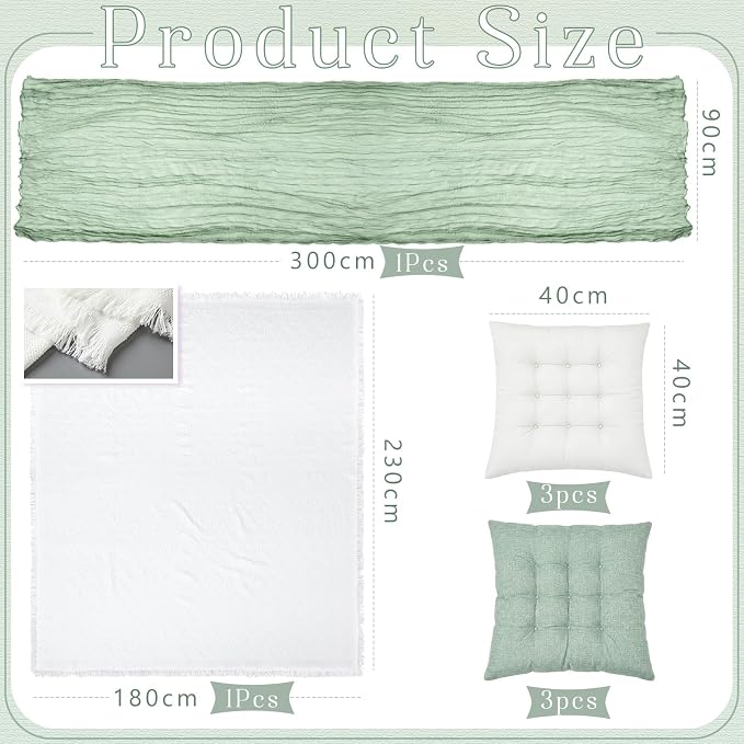 8 Pcs Fit for 6 People 91 x 71'' Extra Large Outdoor Picnic Blanket with Sage Green Table Runner and Floor Pillow Cushion Fit for 6 People Picnic Wedding Birthday Baby Shower Backyard Decor