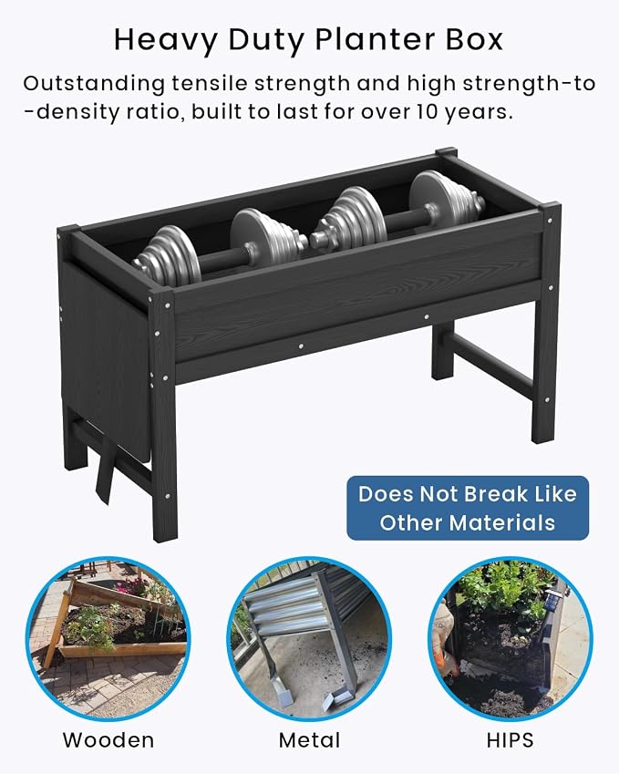 HDPE Raised Garden Bed with Legs, 49x21x27in All-Weather Heavy Duty Planter Box, Outdoor Elevated Garden Bed for Seeds, Herb, Flower, Vegetable (Black)