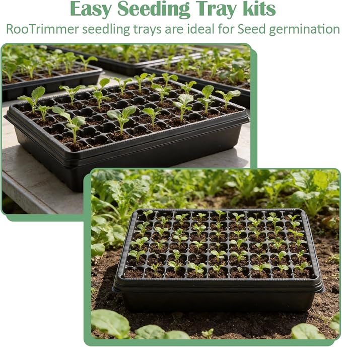 RooTrimmer 5 Pack Seedling Starter Trays No Holes and 5 Pack 54 Cell Seed Starter Trays Extra Deep 2.8" - Heavy Duty Plastic Nursery Trays for Seed Germination & Plant Propagation (5 Sets)