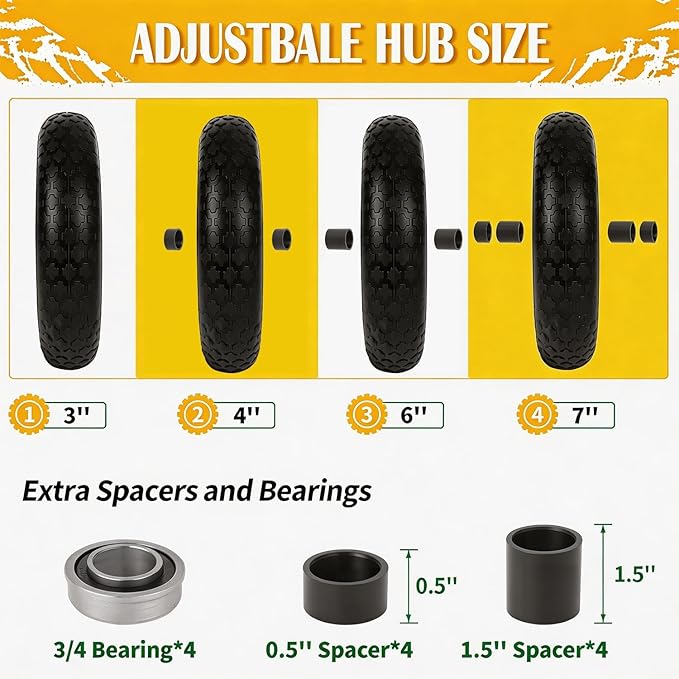 14.5" Wheelbarrow Tire Flat-Free, 3.50-8 Solid Tire 300LB Capacity Each, with 5/8" & 3/4" Bearings, 3"-4''-6''-7" Adjustable Hub, Tire and Wheel Replacement for Dolly, Hand Truck, Garden Cart, 2 Pack