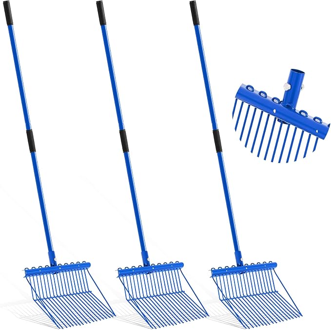 Lasnten 3 Sets Manure Fork with Long Handle, All Metal Head & Handle, Pitch Fork Manure Rake Heavy Duty Dustproof Muck Rake for Gardening Horse Stable Grass Hay Cleaning Farm Work (Blue)
