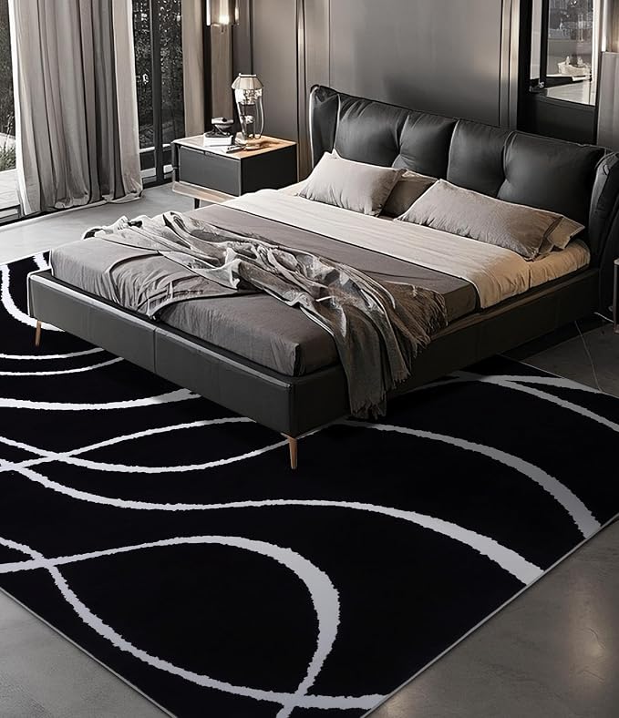 Black Modern Area Rug 5x7,Abstract Rugs for Bedroom,Black and White Geometric Rug,Minimalist Striped Rug,Dark Washable Area Rugs 5x7 Non Slip Throw Rugs for Bedroom，Office