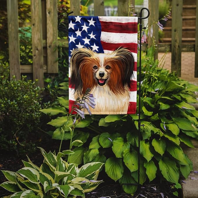 Caroline's Treasures CK6642GF Phalene Dog American Flag Garden Flag Mailbox Flag Decorative Yard Flag Banner Outside Patio Artwork Yard Flower Beds, Garden Size, Multicolor