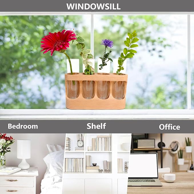 Plant Propagation Station with Wooden Stand, Gardening Gifts for Plant Lovers, 9-Level Dimmable LED Light 4 Glass Test Tubes Vases for Hydroponic Plants - Desktop Terrarium for Home Decor