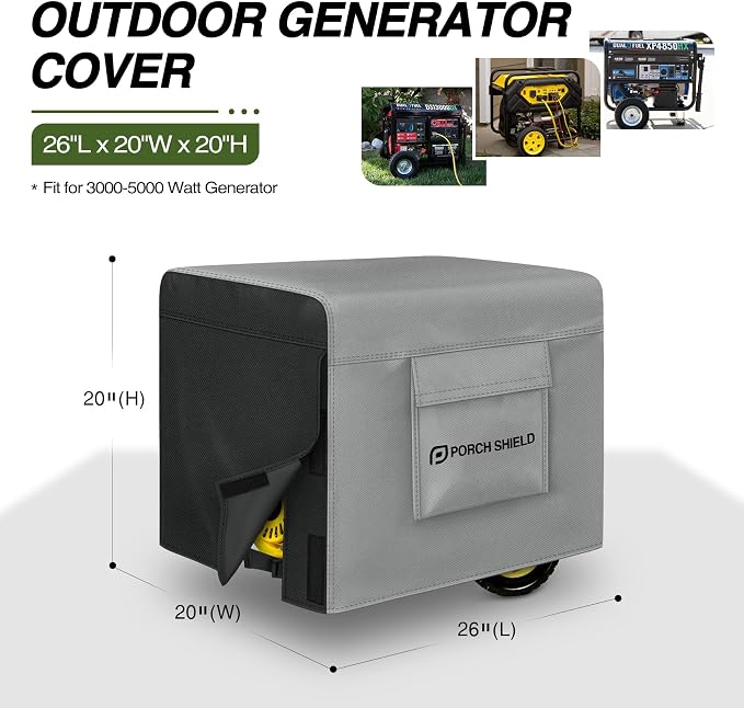 Porch Shield Waterproof Generator Cover - Heavy Duty Cover for Portable Generator 3000 to 5000 Watt (26L x 20 W x 20 H inches, Black & Gray)