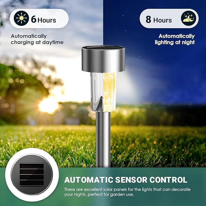 GIGALUMI 16 Pack Solar Lights Outdoor Waterproof,Stainless Steel LED Solar Garden Lights, Solar Pathway Lights Outdoor, Outdoor Solar Lights for Yard, Patio, Lawn and Landscape(Warm White)