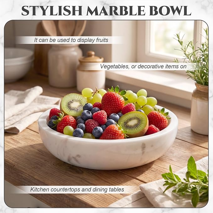 LemonRoad Marble Decorative Bowl 7.8"x 2" White Round Stone Bowl for Fruit, Dog, Entryway Key, Kitchen Counter, Dining Table Centerpiece, Office Decor