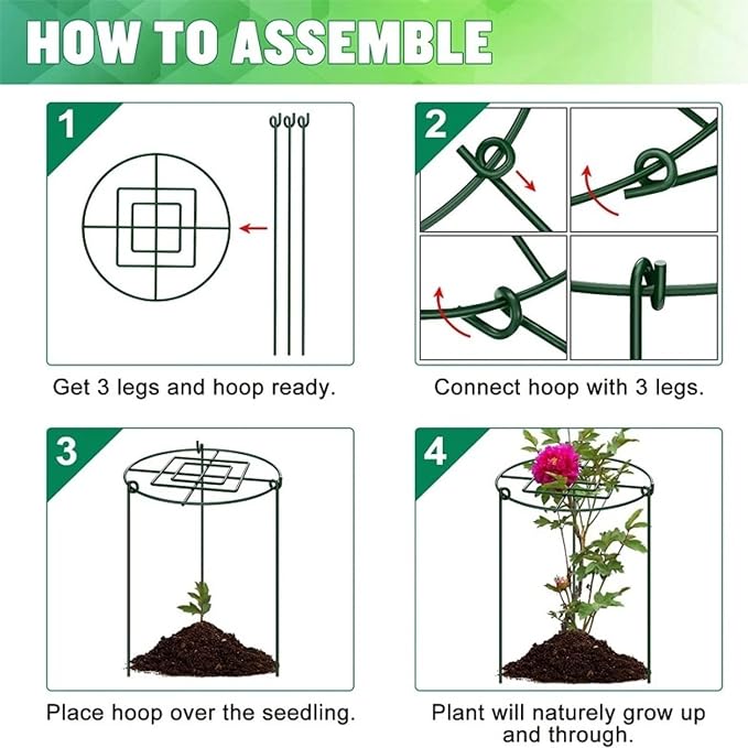 4 Pack Peony Cages and Supports, 14" D x 16" H Large Plant Supports for Outdoor Plants, Heavy Duty Flower Support Rings for Peonies, Roses, Hydrangeas, Tomatoes & More