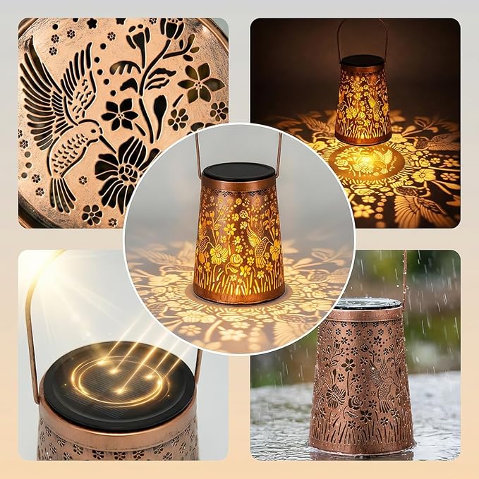 LeiDrail Hummingbird Solar Lanterns Outdoor, 4 Pack Metal Hanging Garden Lights, Waterproof Vintage Copper Decorative Lantern Set for Yard Patio Porch, Gifts for Women Mom Grandma