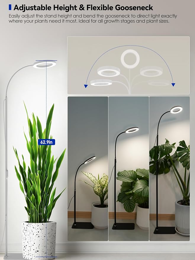 GLOWRIUM Grow Lights for Indoor Plants, Full Spectrum LED Grow Light Floor Lamp with Stand Adjustable Height and Angle, Black Plant Light with 3/9/12H Grow Light Timer (White, Single Head)