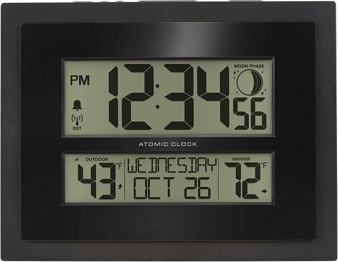 La Crosse Technology 512-65937-INT Atomic Digital Wall Clock with Temperature & Forecast & 513-75624-INT Digital Atomic Clock with Outdoor Temperature and Moon Phase