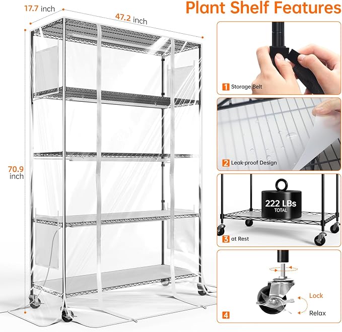 Bstrip Indoor Greenhouse with Grow Light, 5-Tier 47.2"x17.8"x71" Metal Plant Cabinet with Timer & Cover, 4 x 36W Full Spectrum LED Grow Light (3 Color Modes), Seed Starting Trays for Indoor Gardening