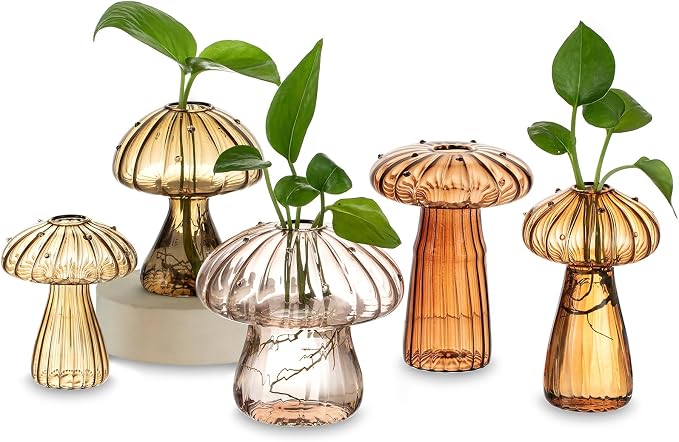 Hewory Glass Mushroom Propagation Stations: Set of 5 Unique Propagation Jars Glass Planter for Indoor Plants Home Decor - Brown Mushroom Vase Christmas Birthday Gifts for Plant Lovers Women Girls