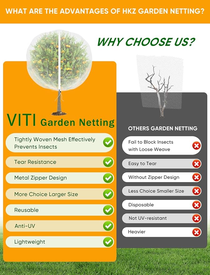 VITI Fruit Tree Netting for Cicadas - with 2Pcs 6Ftx5.3Ft Zipper&Drawstring Protection for Your Fruit Trees Garden Bird Netting Covers Blueberry Bush Tomato Bug Plant Protection Cherry Apple Tree