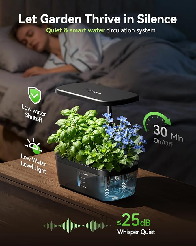 Hydroponics Growing System, 6 Pods Smart Indoor Herb Garden - Black | LED Grow Light, Auto Timer, Height Adjustable, Quiet Pump, Gardening Gifts for Mom Women