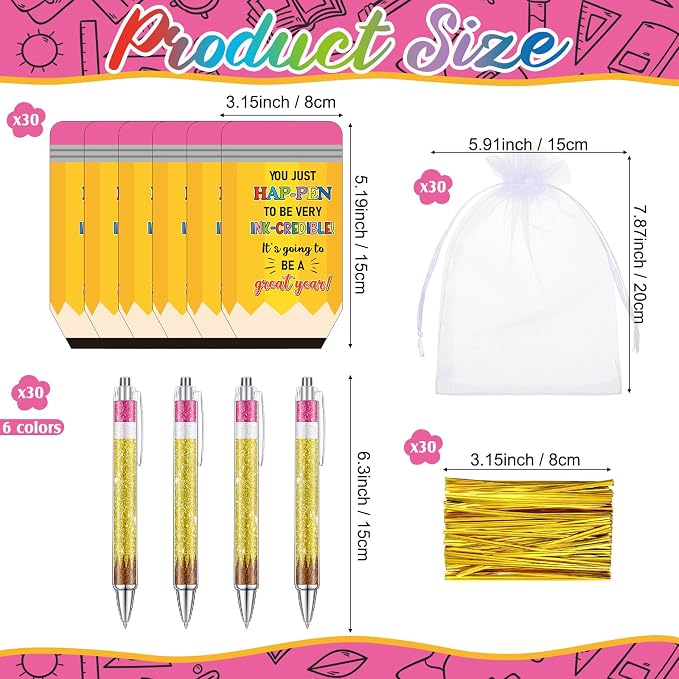 Marspark 30 Sets Back to School Student Gifts Bulk First Day of School Gifts Ballpoint Pens and Pencil Shaped Greeting Cards Set with Bag Twist Ties for Teacher Classroom Prizes Rewards Party Favors