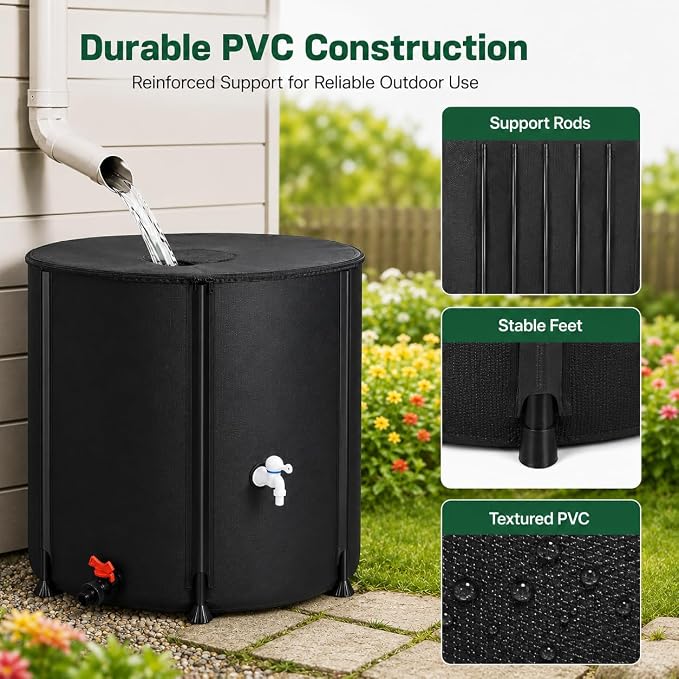132 Gallon Collapsible Rain Barrel, Portable Rainwater Collection System, Water Storage Tank, Rain Catcher Barrel with Two Spigots and Overflow Kit, Rain Water Barrel Collector for Garden, Black