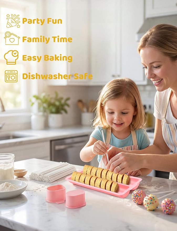 WDAHDHP Cake Pop Mold Kit, Including Circle Cake Pop Cutter, 9 Inch DoubleTray, Cake Pop Stand, Lollipop Sticks, Clear Treat Bags and Gold Twist Ties for Home Desserts Baking Accessories, Pink