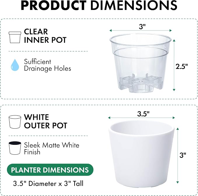 Phoenix Vine 3.5 Inch White Plastic Cachepot with Clear Nursery Pot, Decorative Lightweight Planter Cover with Transparent Inner Pot for Indoor Houseplants, Pack of 1, 24-A-D-1