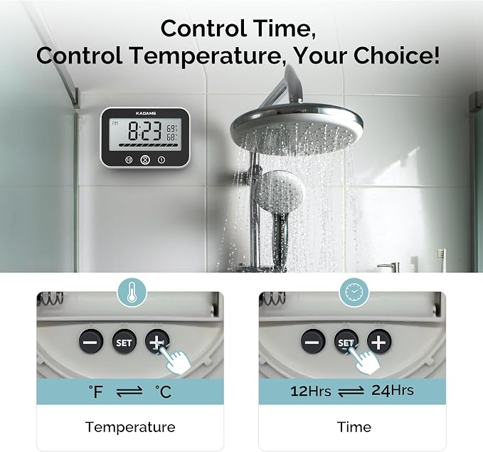 KADAMS Shower Timer Clock Waterproof Bathroom Timer – Digital Wall Clock with Countup Countdown, Magnetic Kitchen Timer Clock Temperature, Suction Cup Kids Shower Spa Cook Bath (Black, Rectangular)