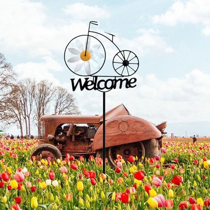 SUPVOX Metal Wind Spinner, Bicycle Wind Spinners Garden Metal Sunflower Stake with Welcome Sign Antique Bike Stake Decoration Outside Garden Decor for Patio Lawn