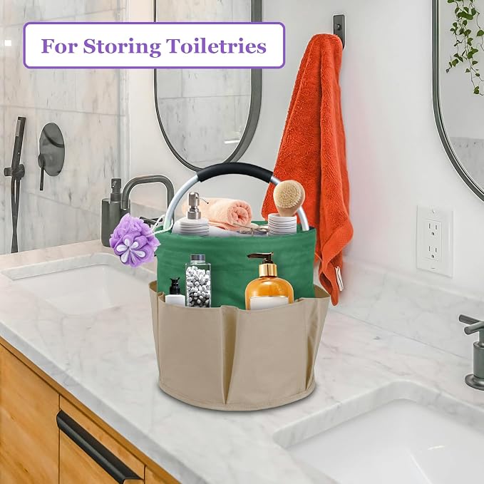 17L Caddy Organizer with Handle, Foldable Cleaning Supplies Caddy with 6 Pockets, 600D Oxford Cloth Tool Bag, Storage Organizer for Camping, Car Tool Storage, Gardening, Khaki with Green