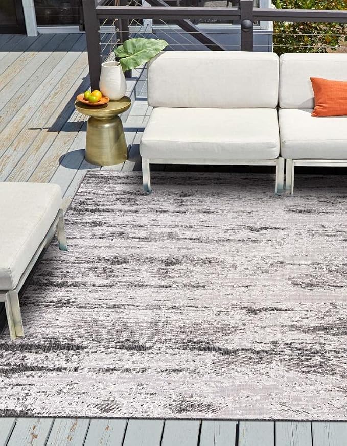 Unique Loom Outdoor Modern Collection Area Rug - Cartago (10' Square, Charcoal/ Ivory)