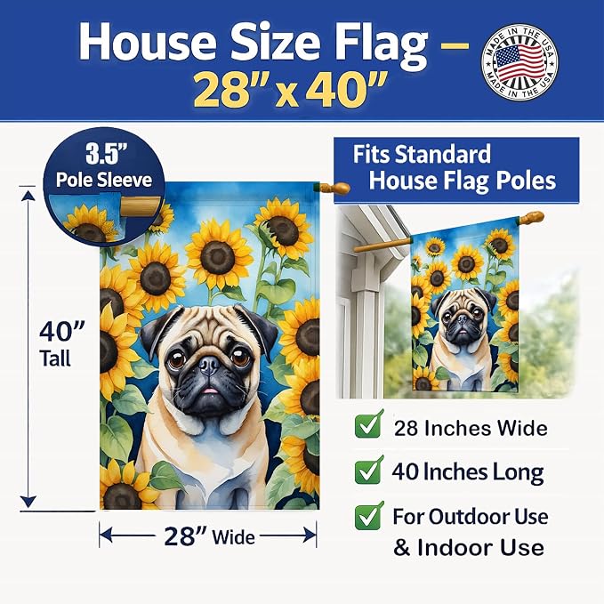 Caroline's Treasures DAC6145CHF Pug in Sunflowers House Flag Large Porch Sleeve Pole Decorative Outside Yard Banner Artwork Wall Hanging, Polyester, House Size, Multicolor